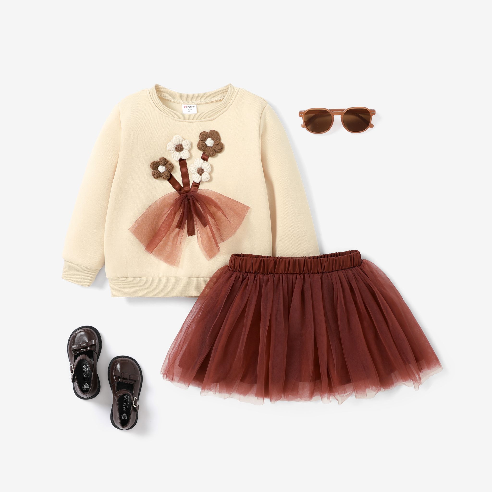 2pcs Toddler Girl 3D Flower Design Sweatshirt And Multi-layered Mesh Skirt Set