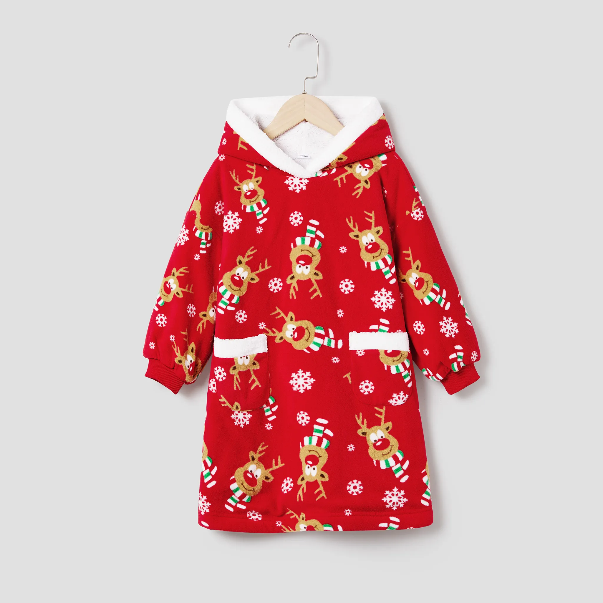Christmas Family Matching Reindeer & Snowflake Allover Print Large Pocket Design Oversized Fleece Wearable Hooded Robes/Blanket Sets Red-2 big image 1