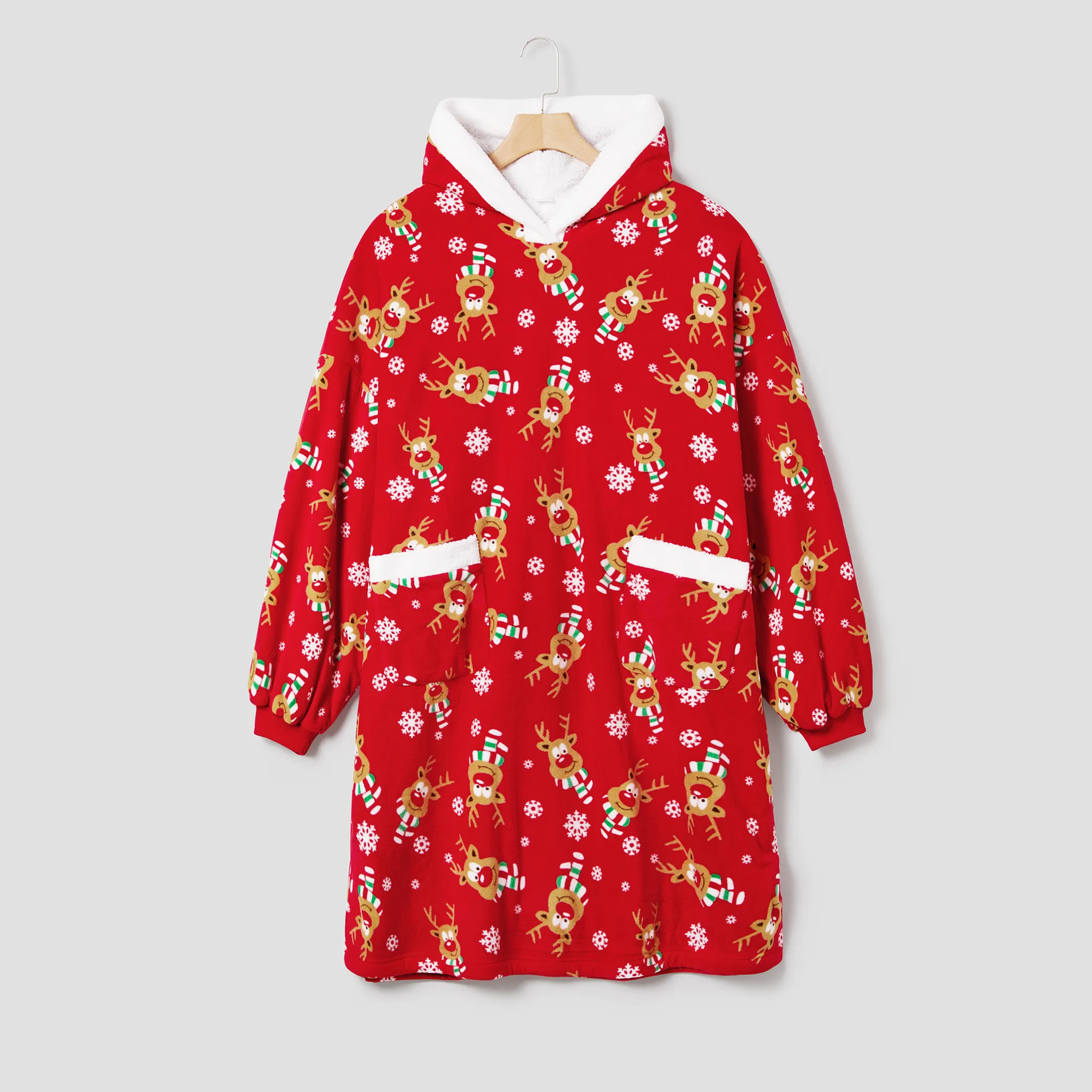 Christmas Family Matching Reindeer & Snowflake Allover Print Large Pocket Design Oversized Fleece Wearable Hooded Robes/Blanket Sets