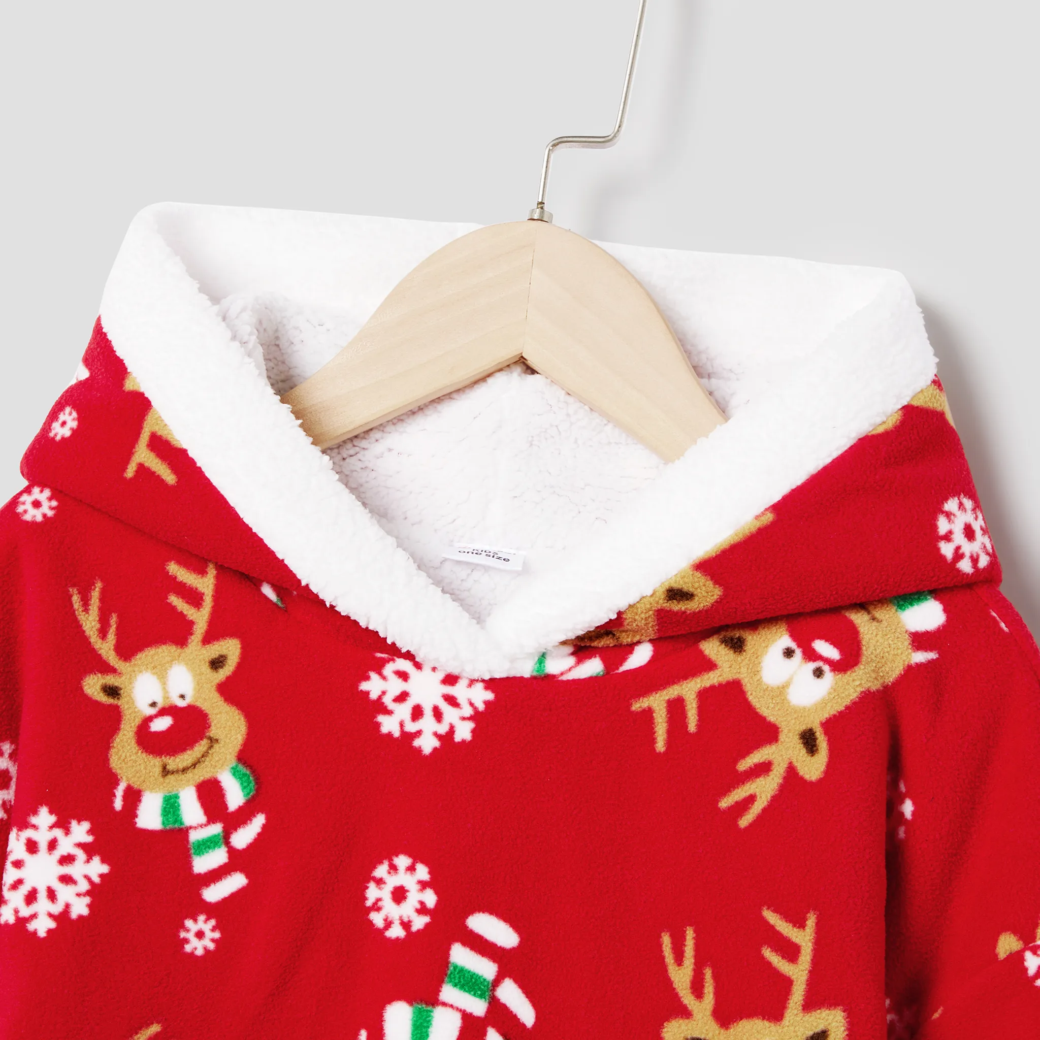Christmas Family Matching Reindeer & Snowflake Allover Print Large Pocket Design Oversized Fleece Wearable Hooded Robes/Blanket Sets Red-2 image 5