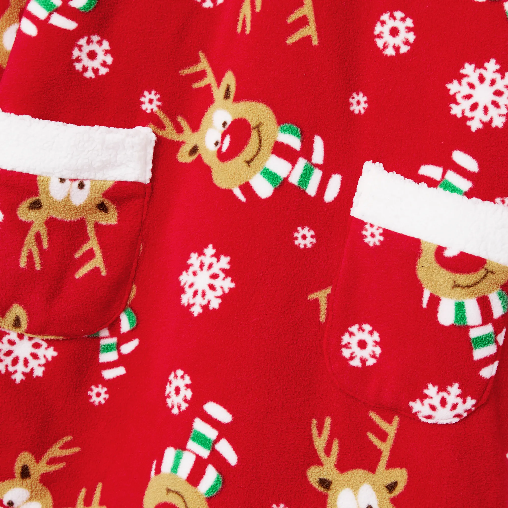 Christmas Family Matching Reindeer & Snowflake Allover Print Large Pocket Design Oversized Fleece Wearable Hooded Robes/Blanket Sets Red-2 image 6
