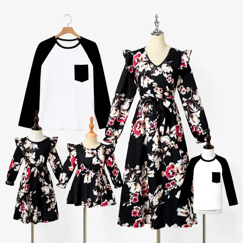 Family Matching Long-sleeve Color-block Shirts and V-neck Floral Allover Print Flutter-sleeve Dresses Sets