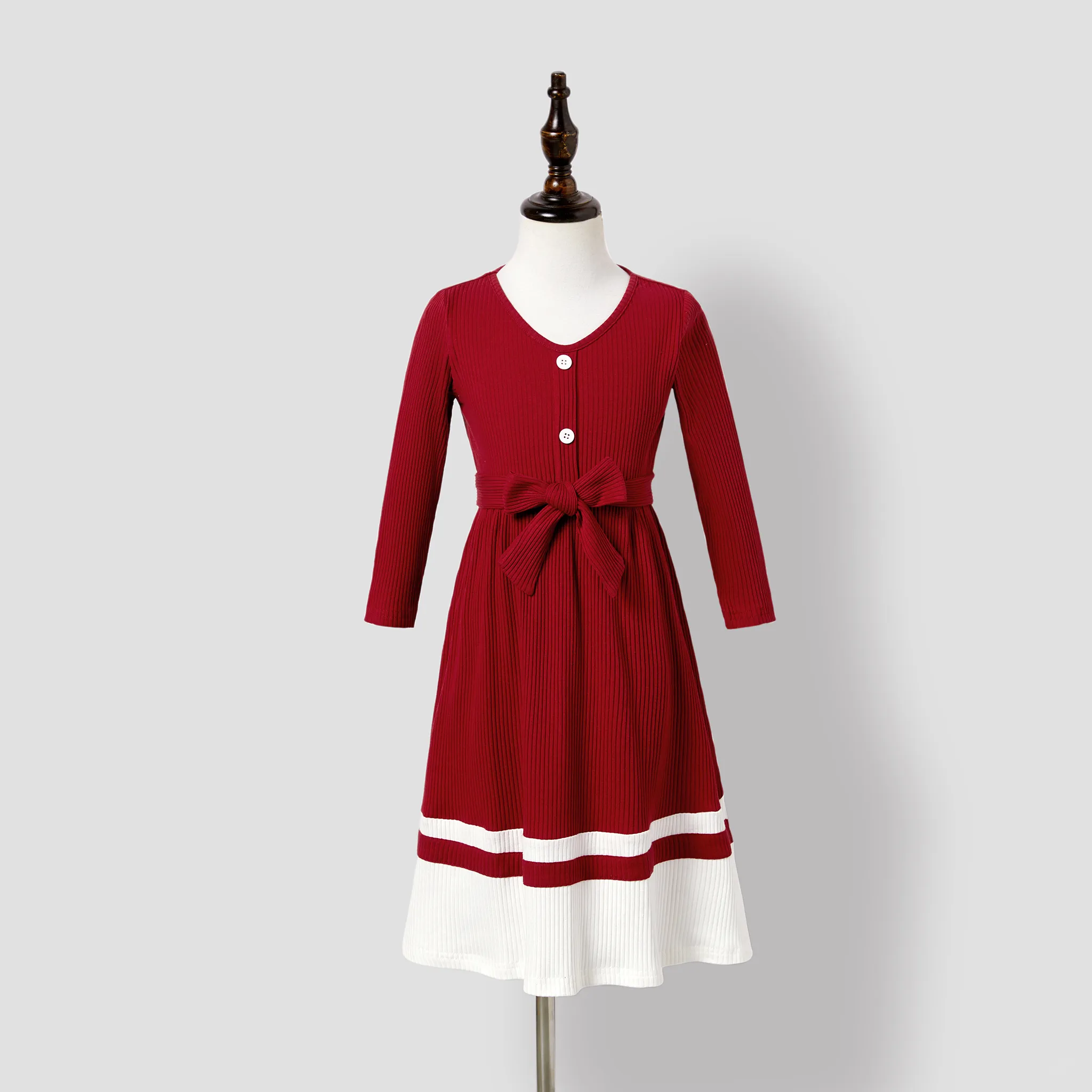 Family Matching Burgundy Ribbed Crisscross Pleated Midi Dresses and Long-sleeve Colorblock Tops Sets