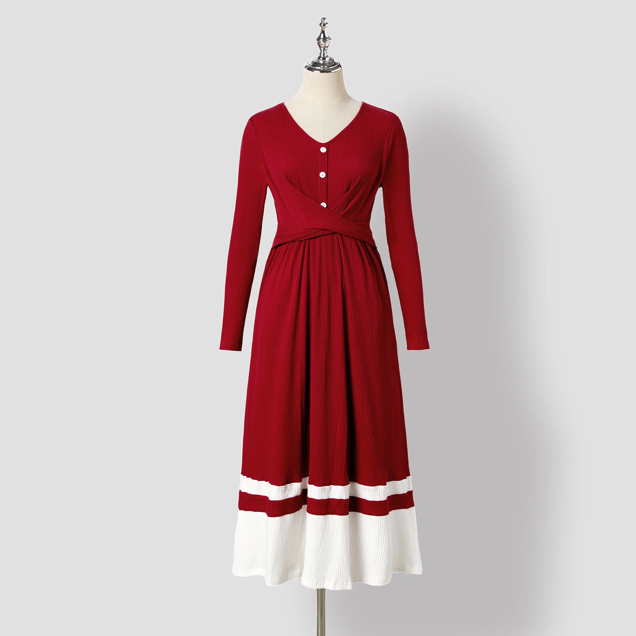 Family Matching Burgundy Ribbed Crisscross Pleated Midi Dresses And Long-sleeve Colorblock Tops Sets