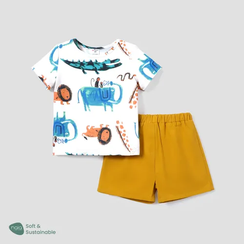 Naia 2pcs Toddler Boy Animal Print Short-sleeve Tee and Elasticized Cotton Shorts Set