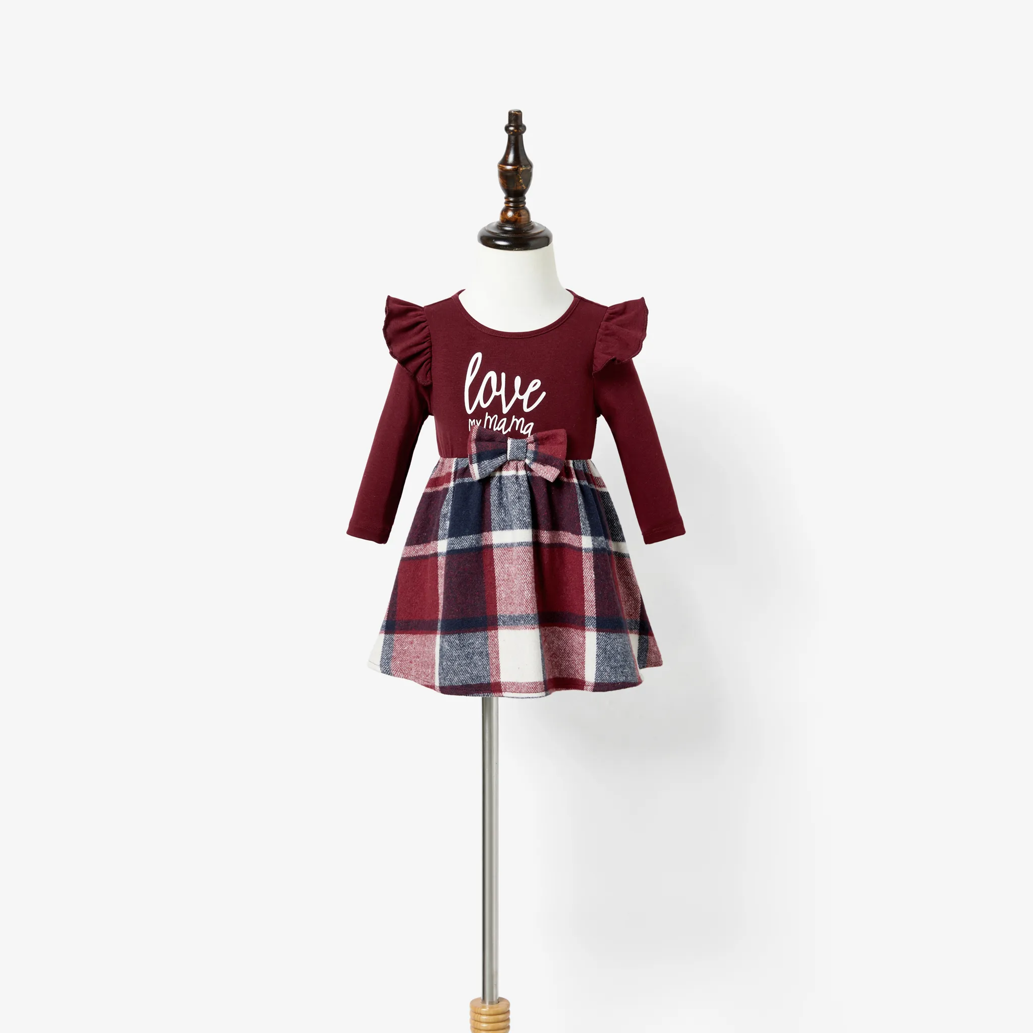 Family Matching Casual Long Sleeve Plaid Design Shirts and Knit Splicing Belted Dresses Sets WineRed big image 1