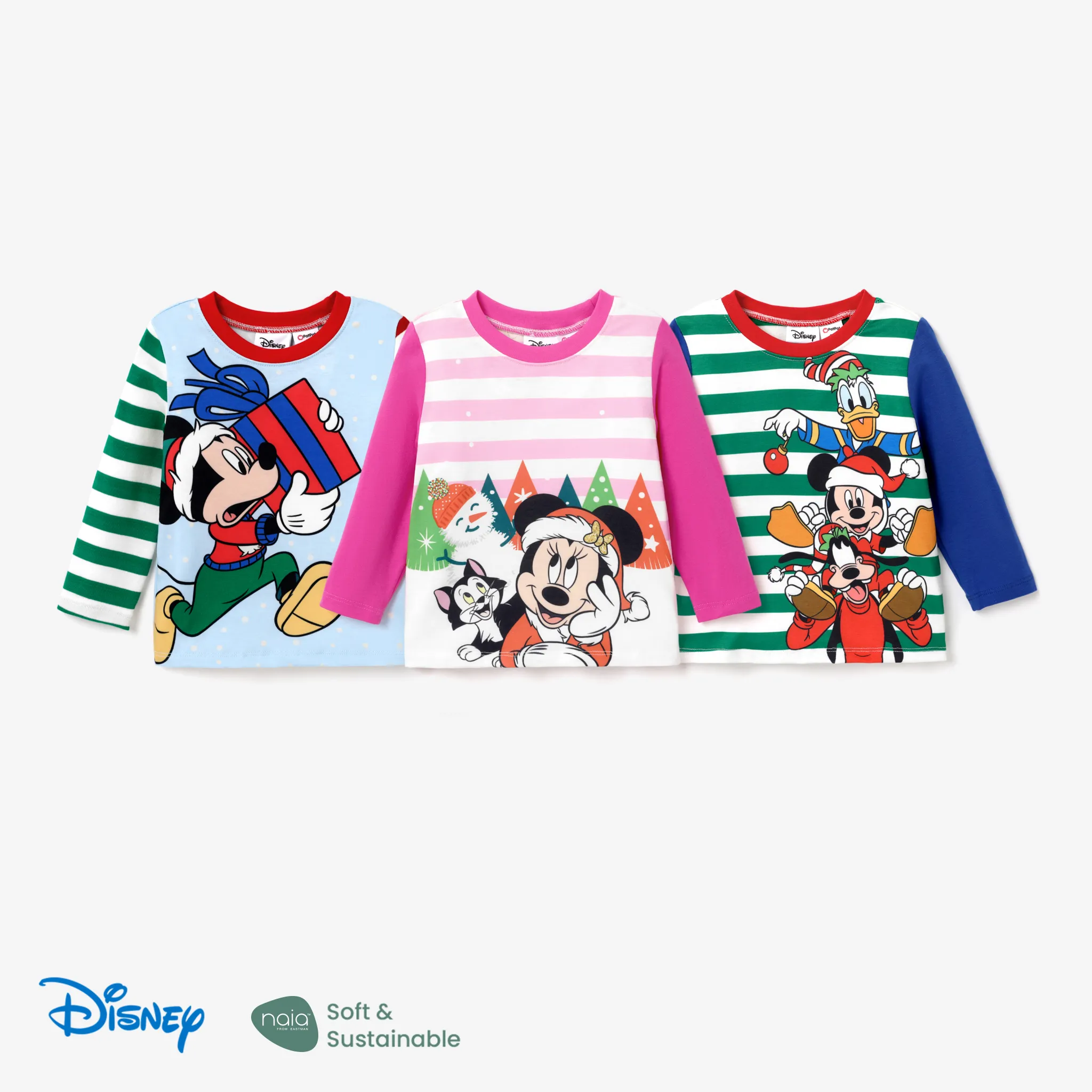 Disney Mickey and Friends Christmas Toddler Girl/Boy Character and Stripes Naia™ Print Long-sleeve Tee