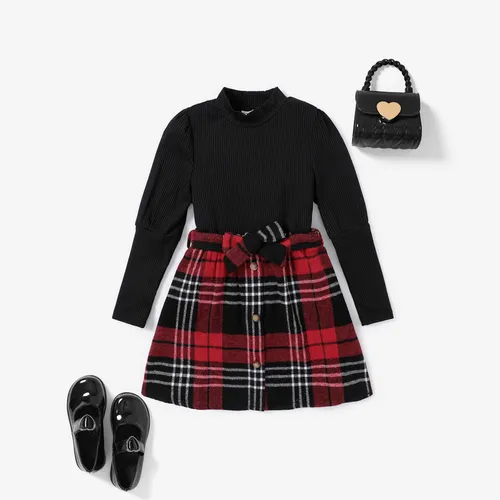 3pcs Kid Girl's Stand Collar Turtle neck Tshirt Plaid pattern School Skirt Suit with Belt