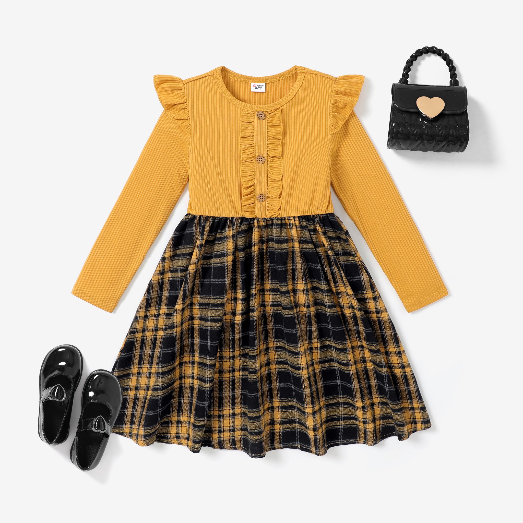 Kid Girl Sweet Grid/Houndstooth Flutter Sleeve Dress
