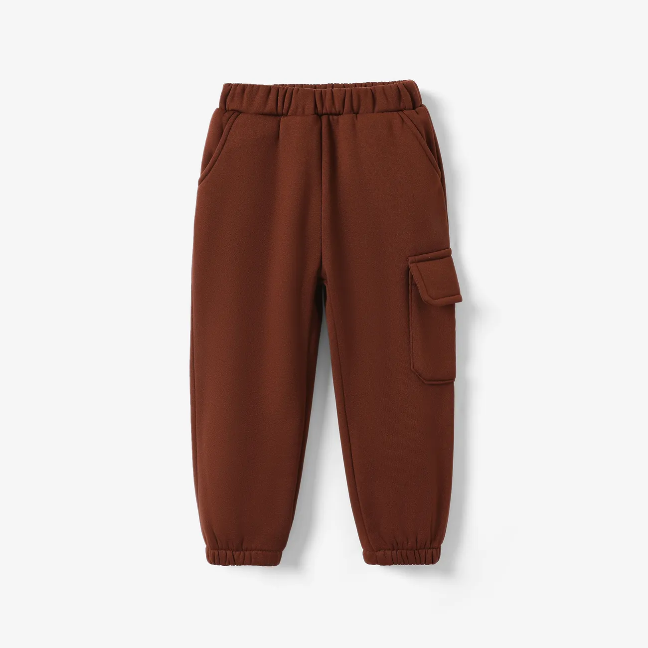 Boy's Loose Casual Pants with Patch Pocket - 1pc, Polyester-Spandex Blend, Solid Color Brown big image 1