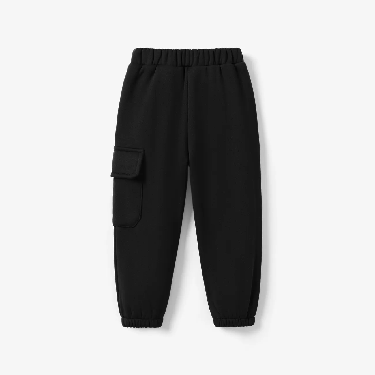 Pantalones casuales holgados para niño con bolsillo de parche - 1 pieza, mezcla de poliéster y spandex, color sólido Negro big image 1
