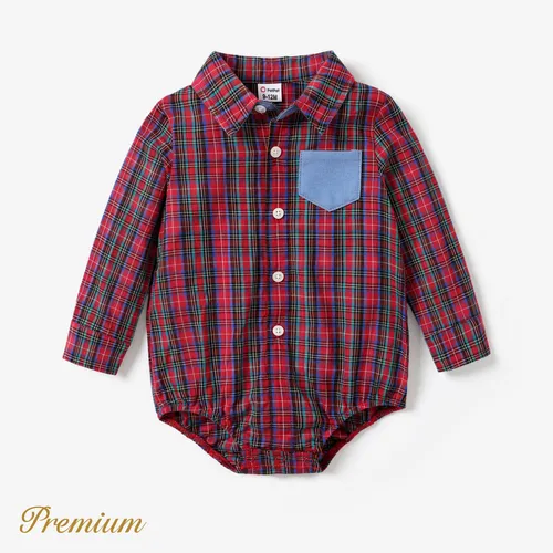 Baby Boy Grid Casual Style Bodysuit with Shirt Collar