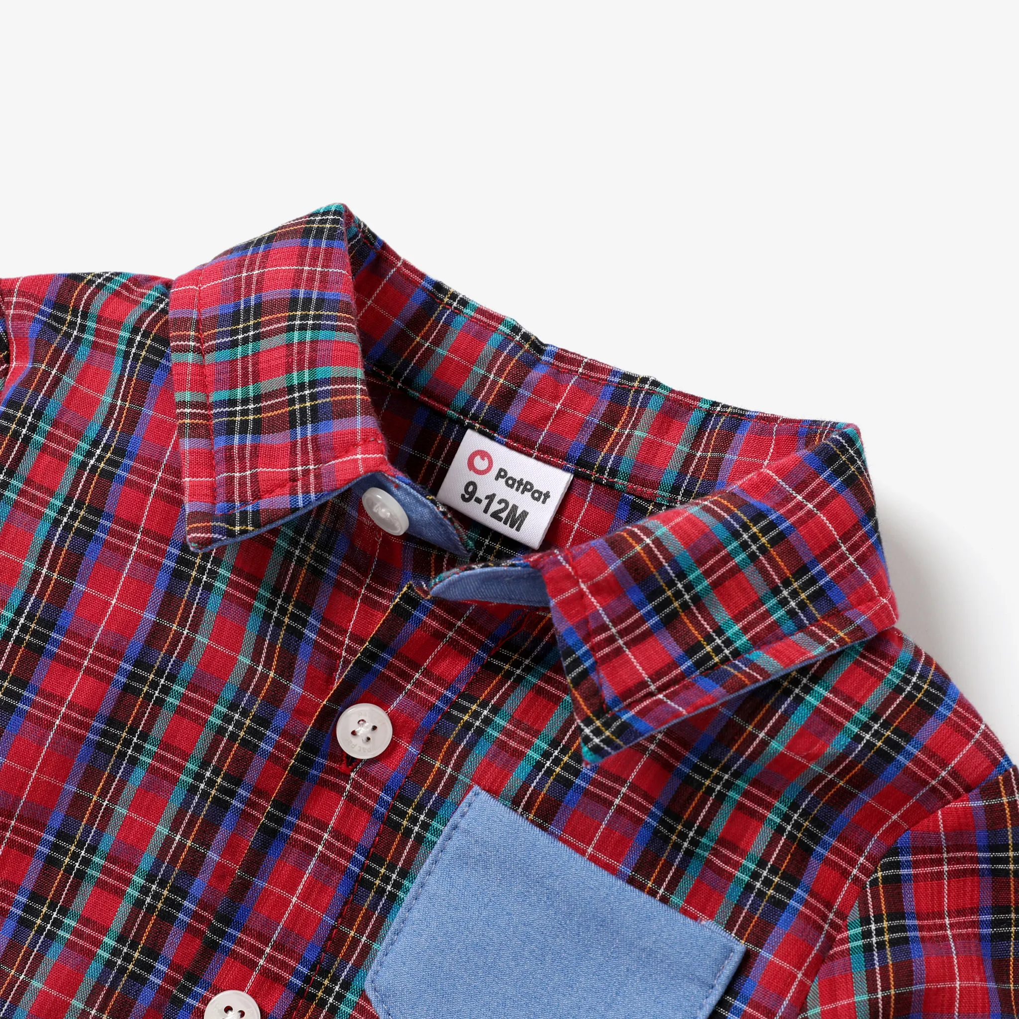 Baby Boy Grid Casual Style Bodysuit with Shirt Collar Red image 3