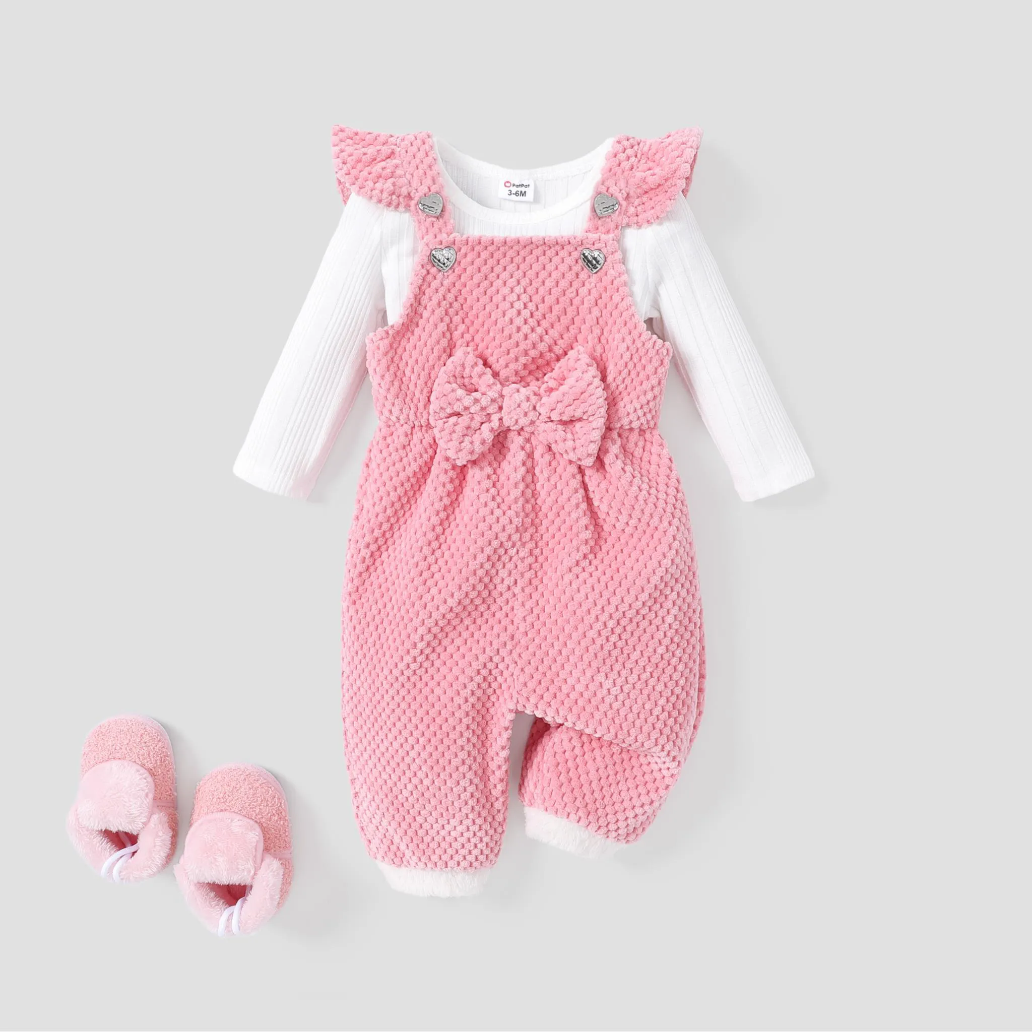 2pcs Baby Girl's Solid Color Tshirt and Textured material Button Design Overall Set