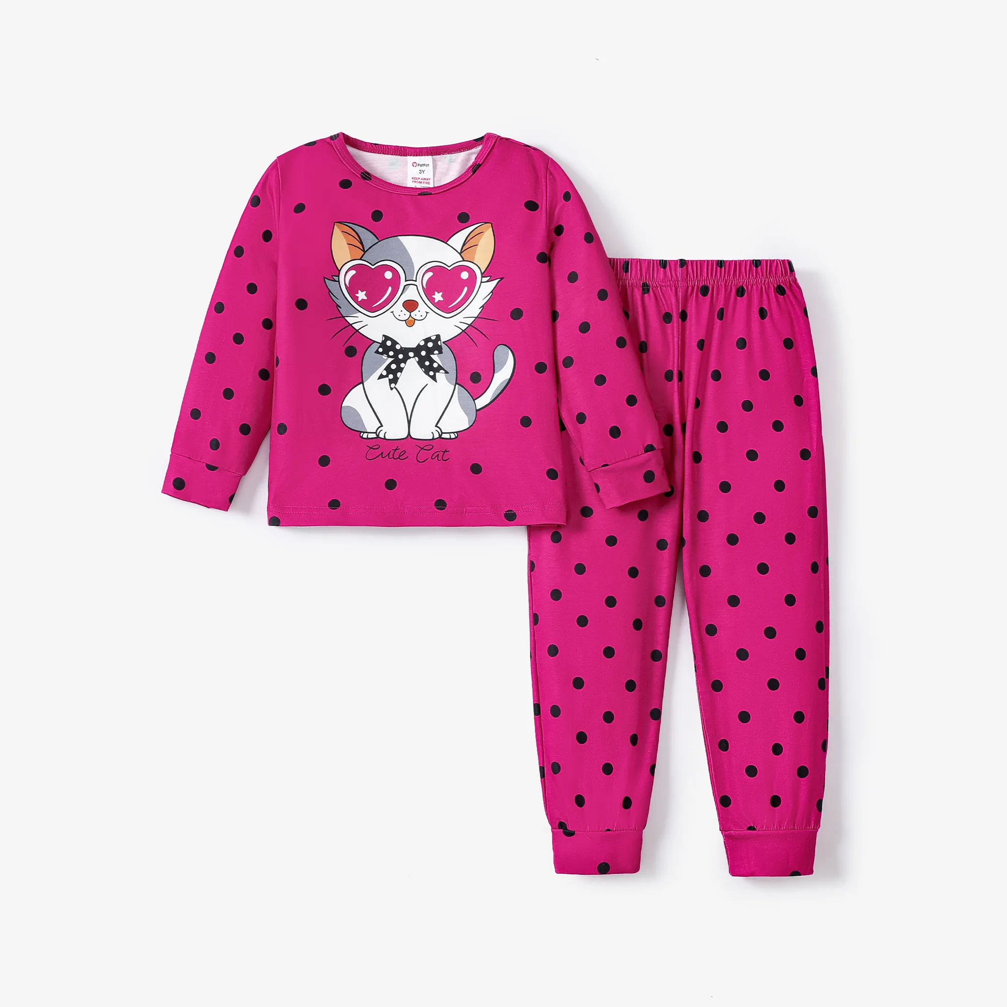 2pcs Baby/Toddler Girl Sweet Cat And Polka Dot Pattern Pajamas