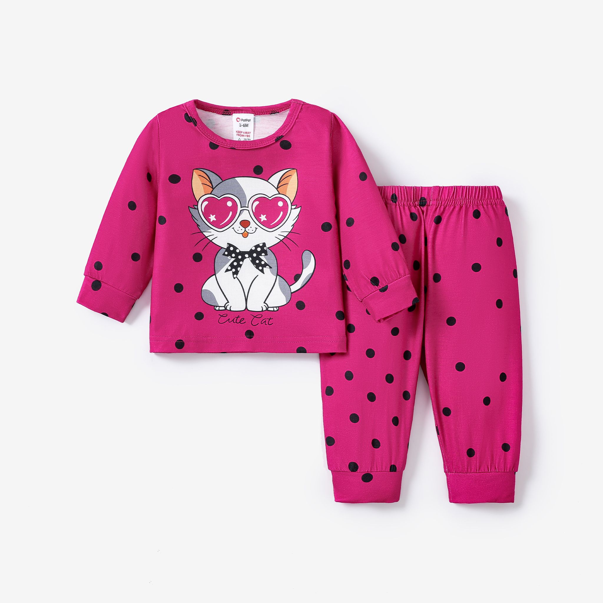 2pcs Baby/Toddler Girl Sweet Cat and Polka Dot Pattern Pajamas