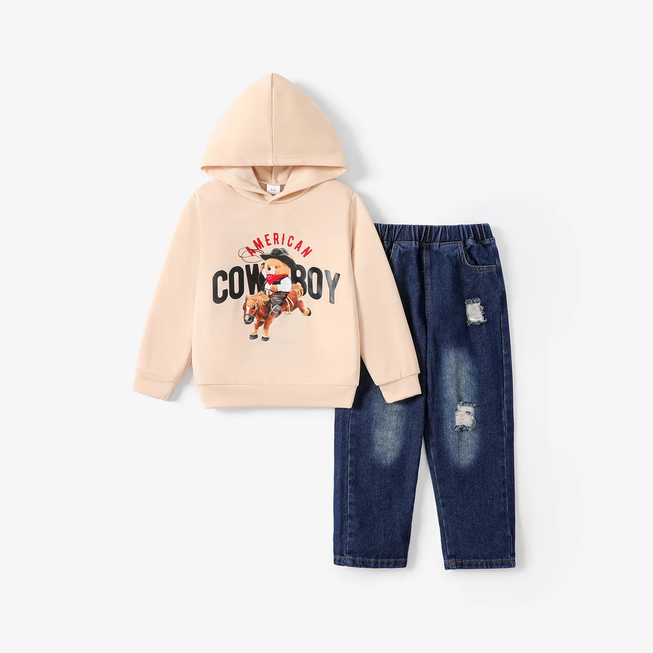 Kid Boy Bear Print Hooded Sweatshirt and Denim Pants Set Creamcolored big image 1