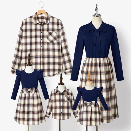 Family Matching Casual Long-sleeve Plaid Fabric Splicing Dresses and Shirts Sets