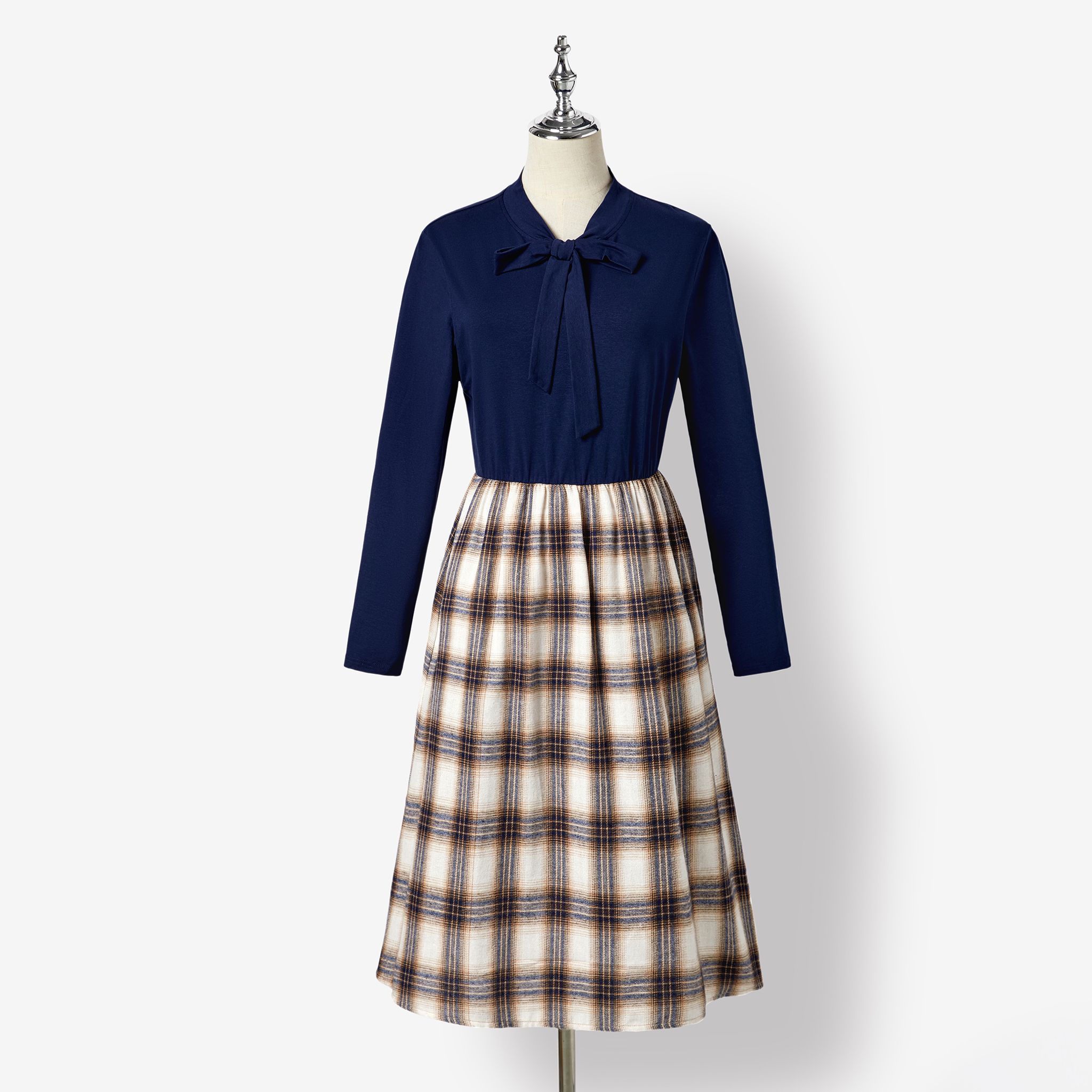 Family Matching Casual Long-sleeve Plaid Fabric Splicing Dresses And Shirts Sets