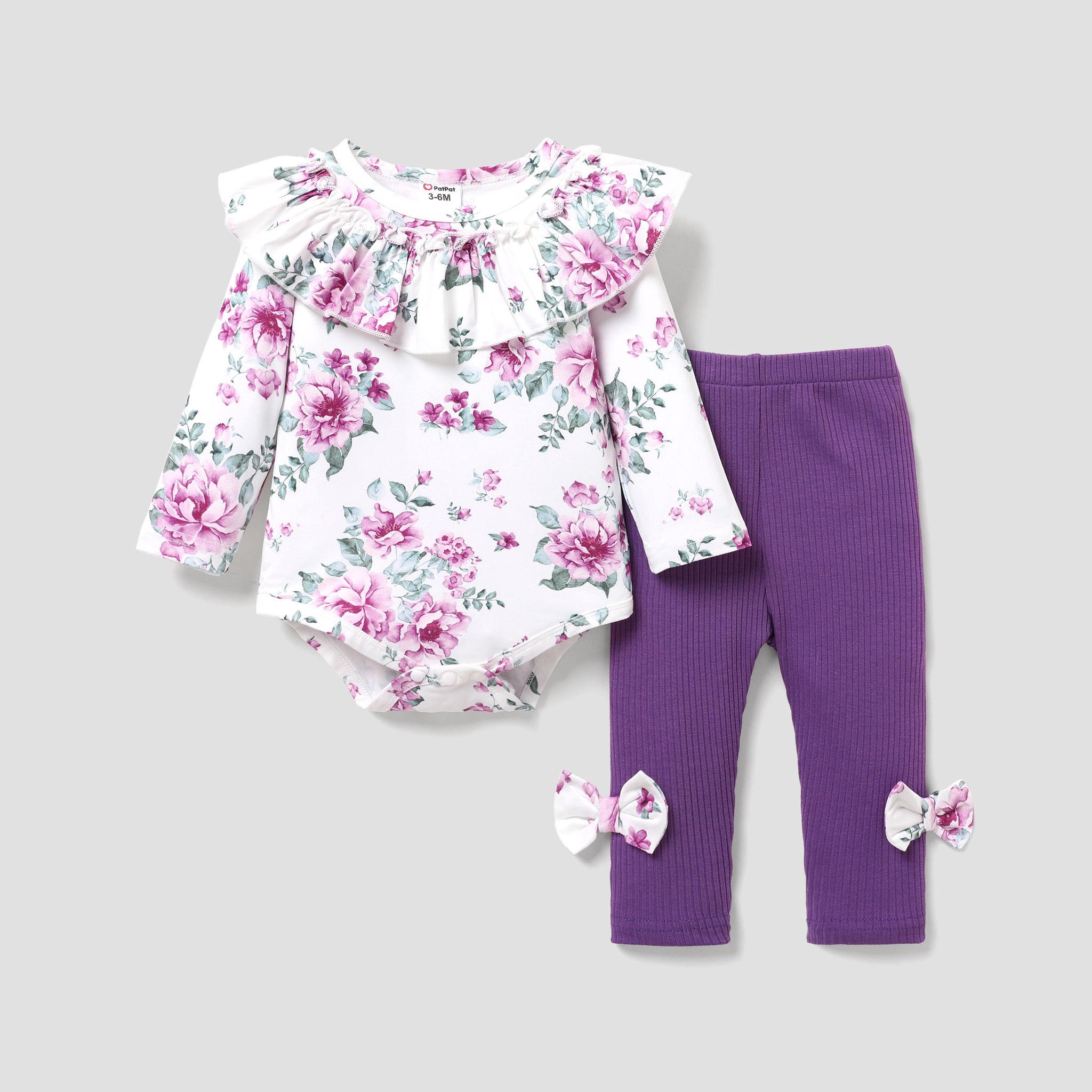 

2pcs Baby Girl Allover Floral Print Ruffle Long-sleeve Romper and Bow Decor Ribbed Pants Set