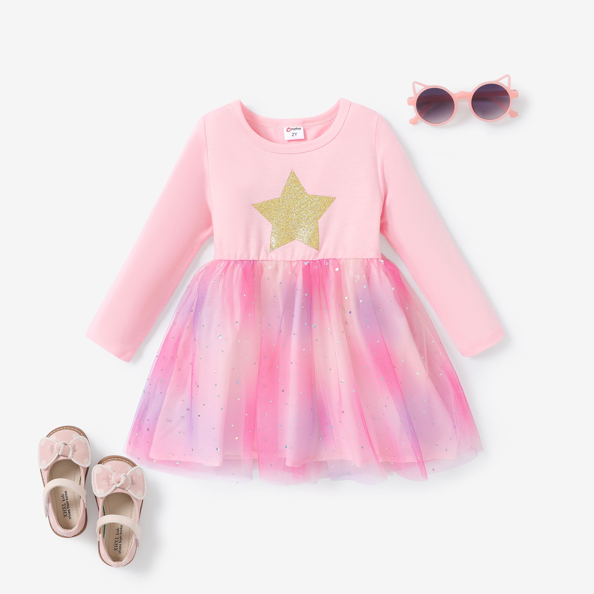 Sweet Toddler Girl 網面連衣裙 - 多層星星/月亮/雲朵印花 - 長袖 - 1 件套