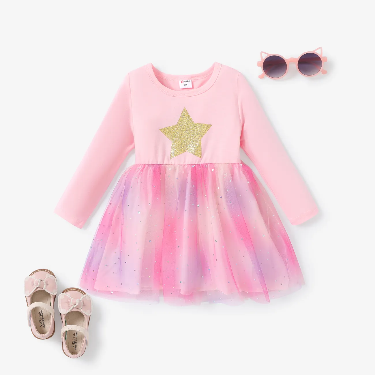 Sweet Toddler Girl Mesh Dress - Multi-Layered Stars/Moon/Clouds Print - Long Sleeve - Set of 1  Pink big image 1