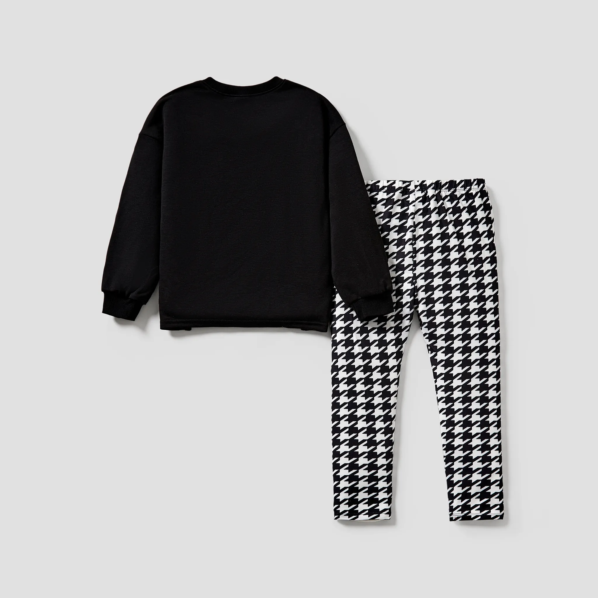 2pcs Kid Girl Letters Print Long-sleeve Top and Houndstooth Pants Set Black image 4