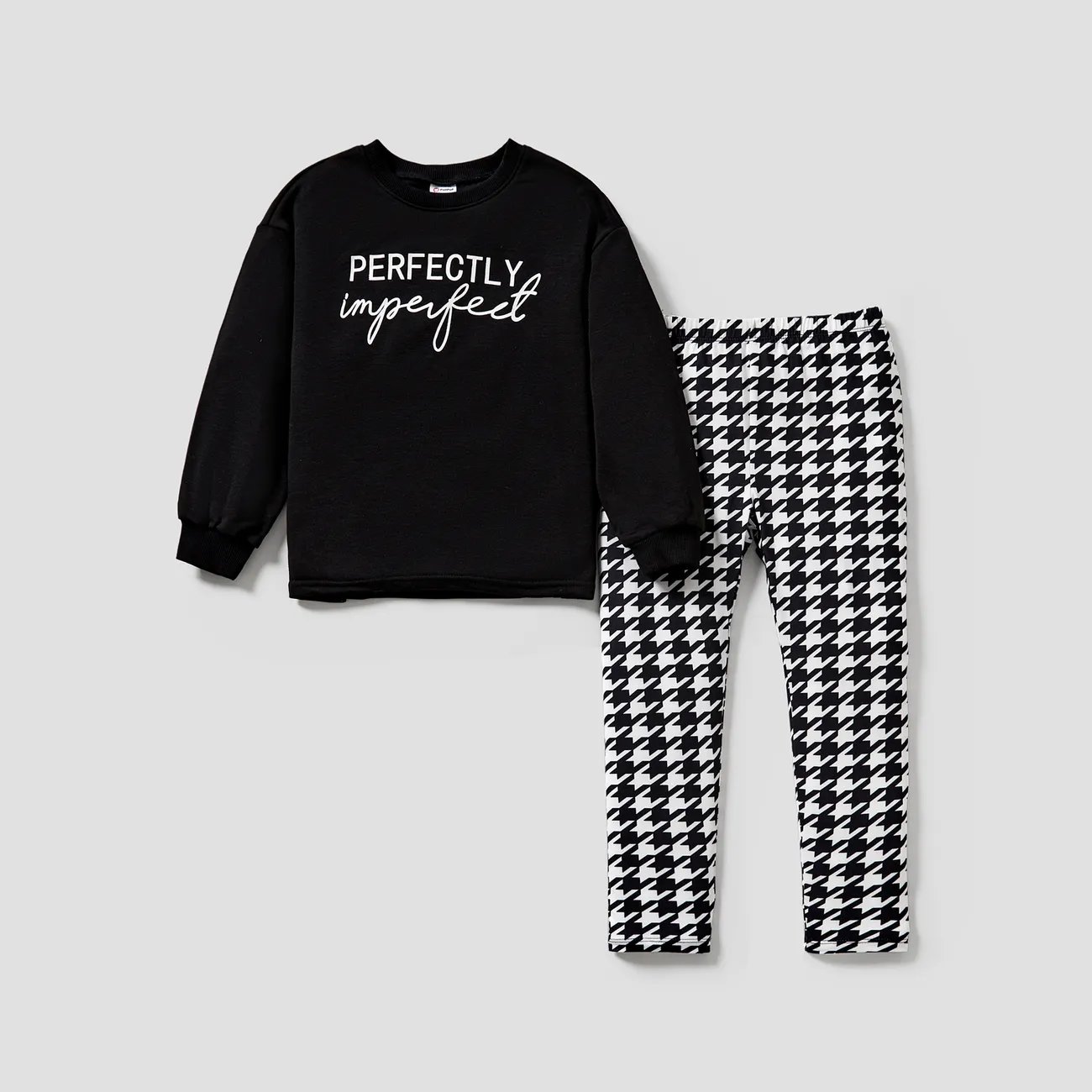 2pcs Kid Girl Letters Print Long-sleeve Top and Houndstooth Pants Set Black big image 1