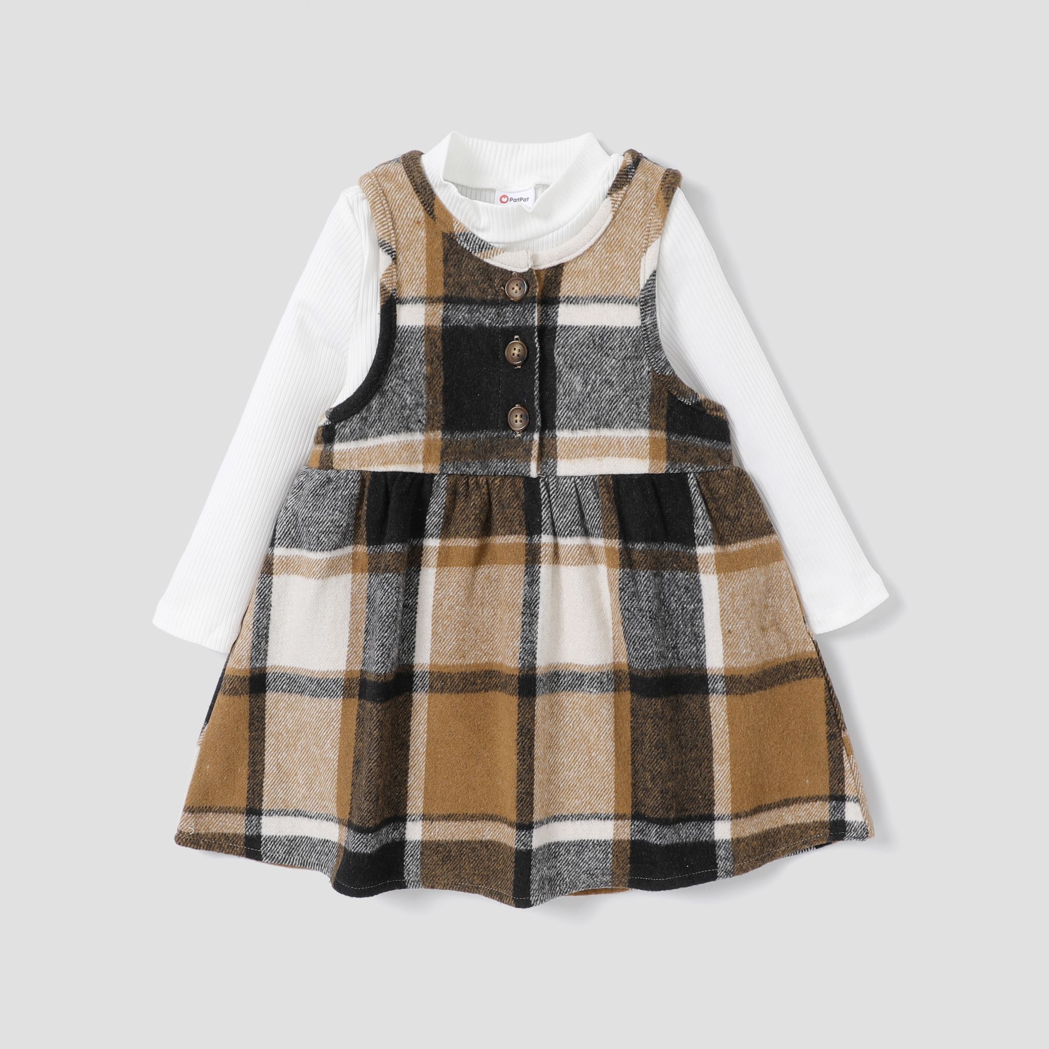 

2pcs Toddler Girl Rib-knit Long-sleeve Top and Plaid Tank Dress Set