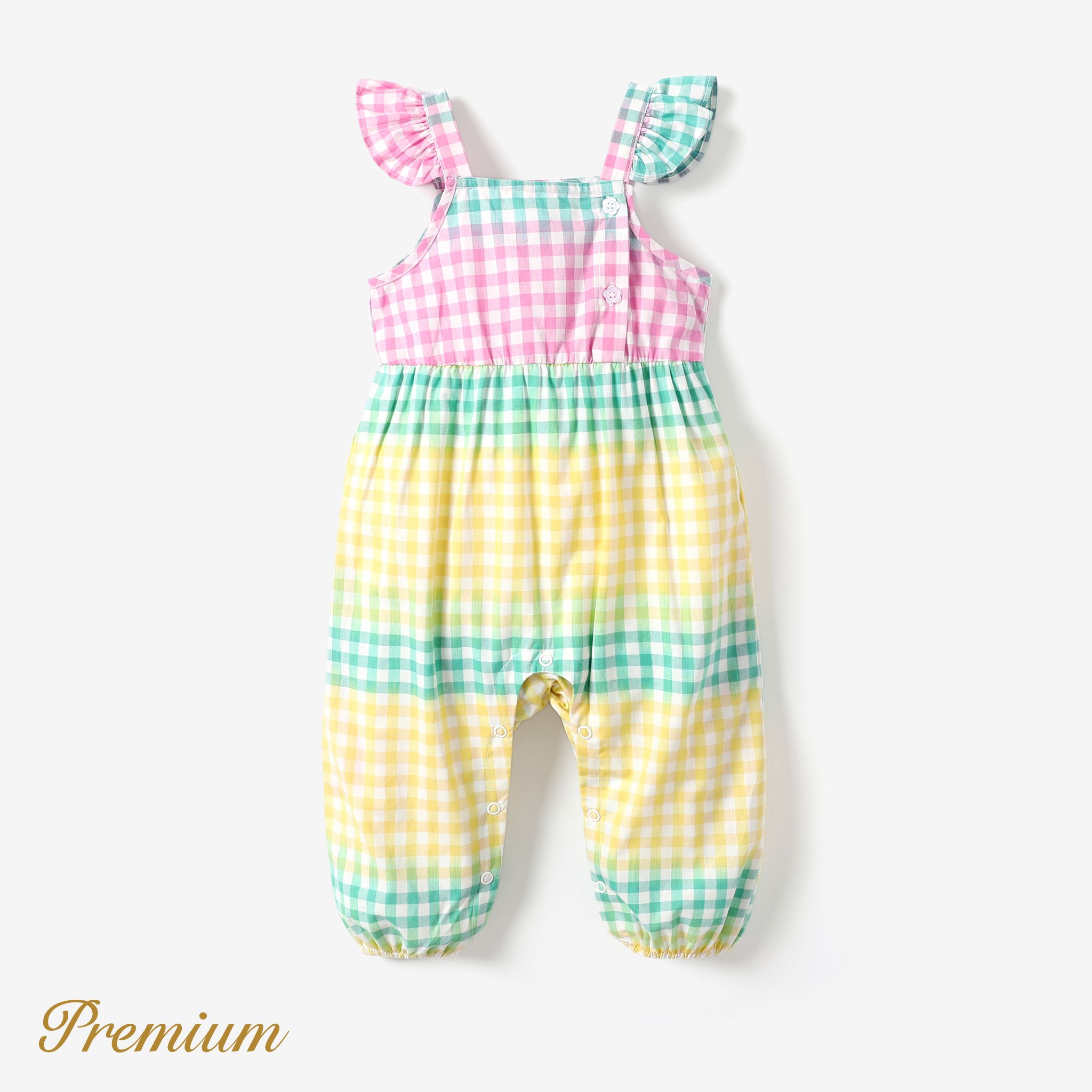 Baby Girl Elegant Cotton Grid Jumpsuit With Ruffle Edge
