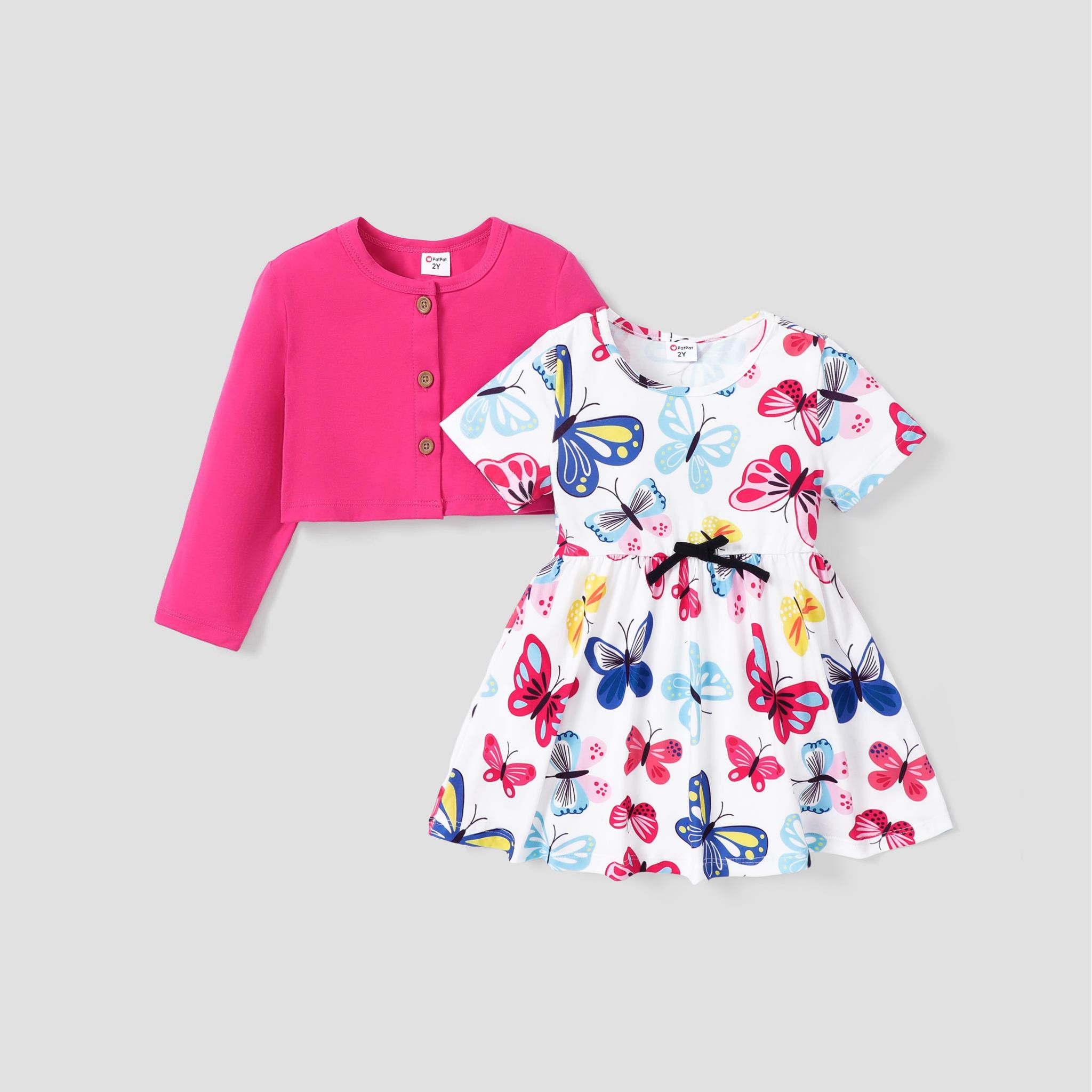 2pcs Toddler Girl Allover Butterfly Print Robe à Manches Courtes Et Bouton Jusqu’à Cardigan Set