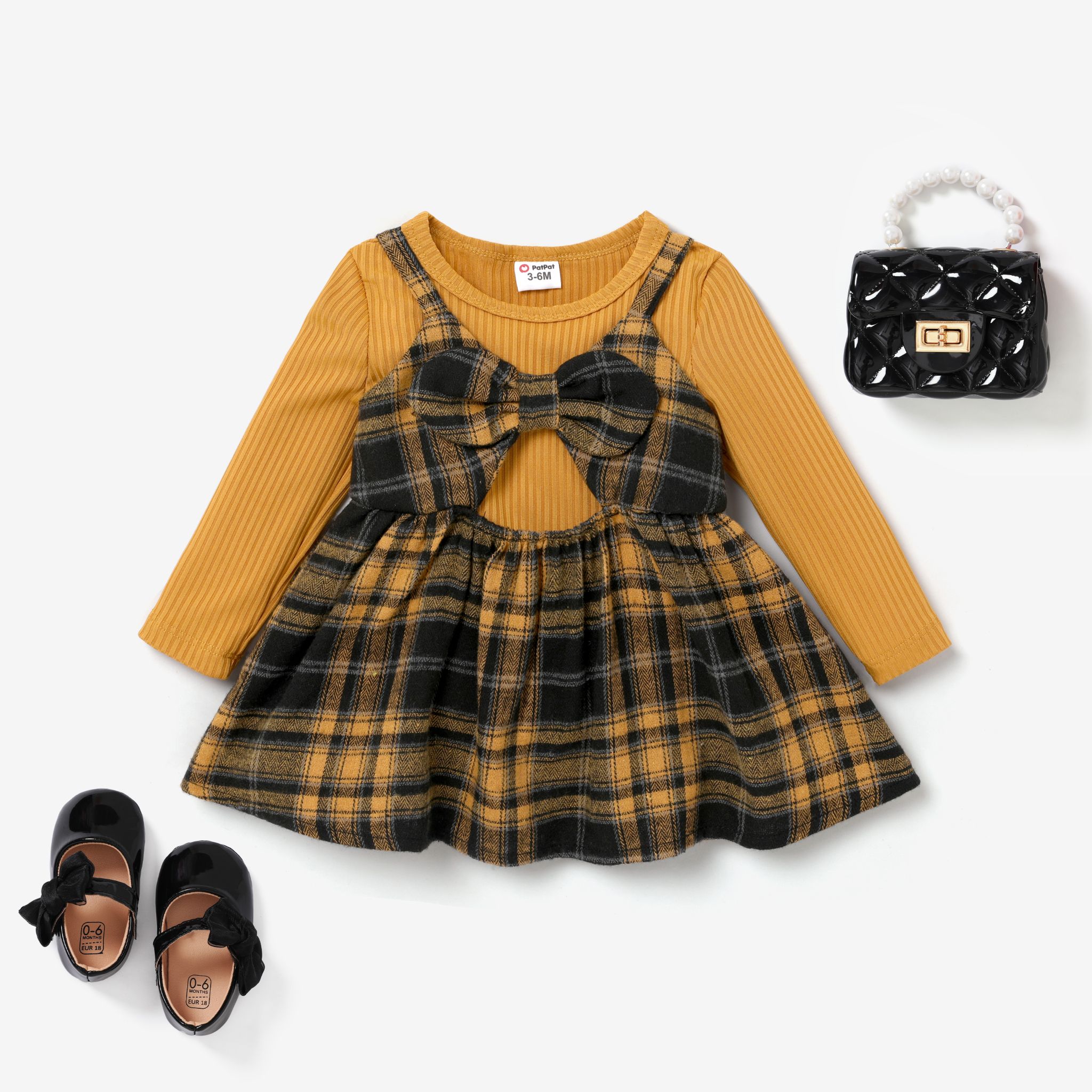 Baby Girl's 2pcs Sweet Tshirt And Grid/Houndstooth Hanging Strap Dress Set
