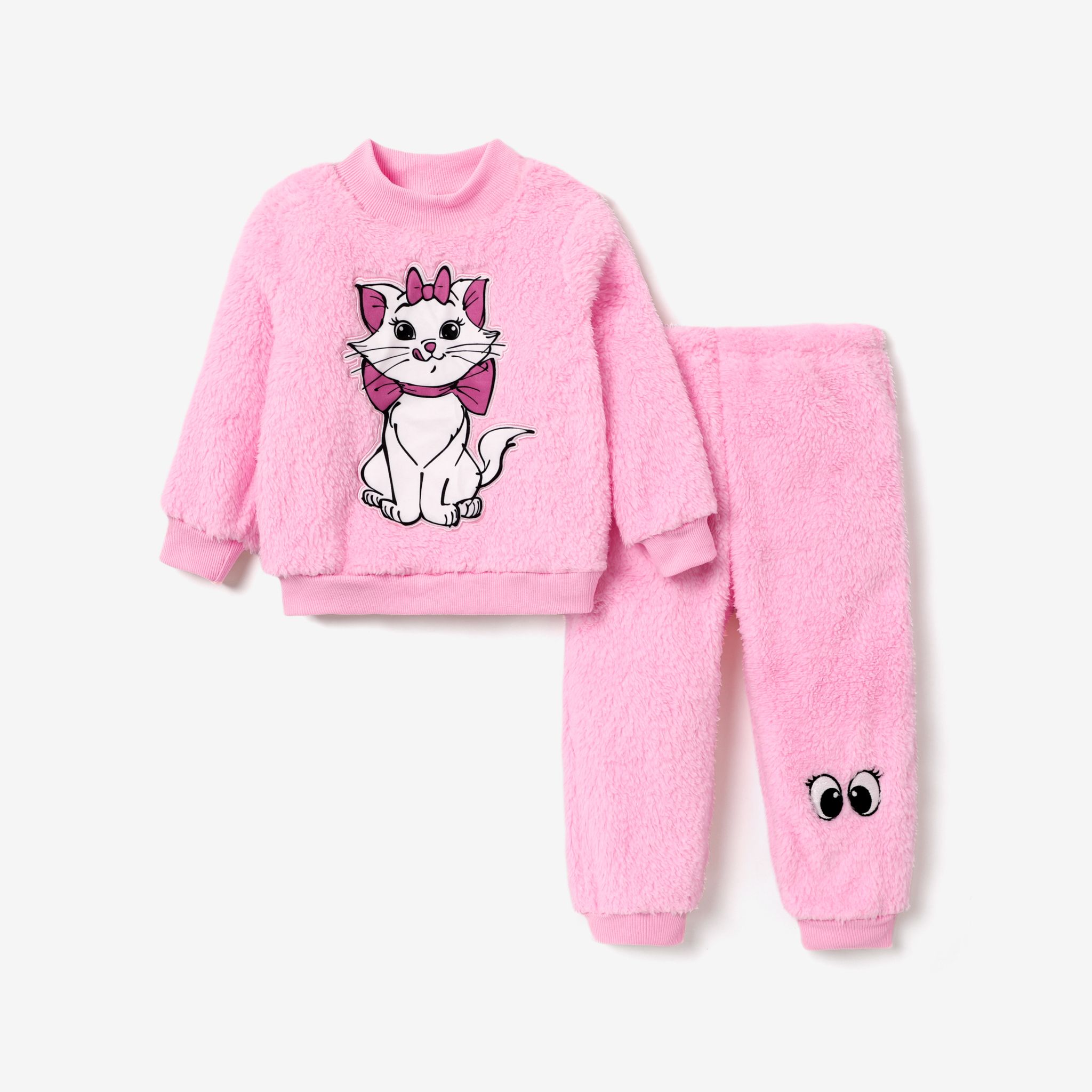 2pcs Toddler Girl Fuzzy Cute Cat Pattern Casual Set