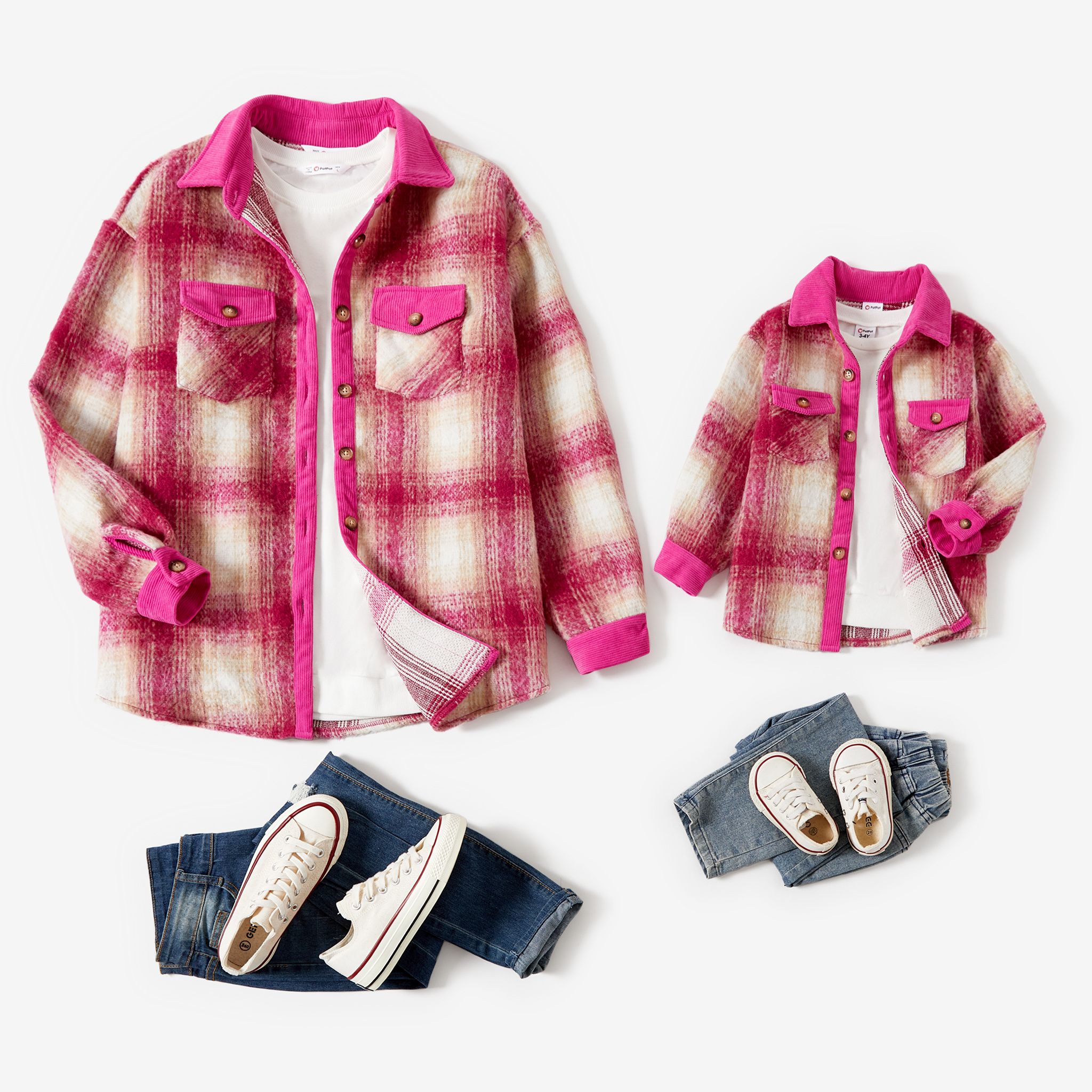 

Mommy and Me Casual Patched Pocket Plaid Long Sleeve Coats Tops