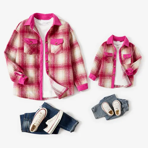 Mommy and Me Casual Patched Pocket Plaid Long Sleeve Coats Tops