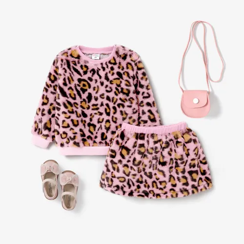 2pcs Toddler Girls Fuzzy Leopard Animal pattern Skirt Set