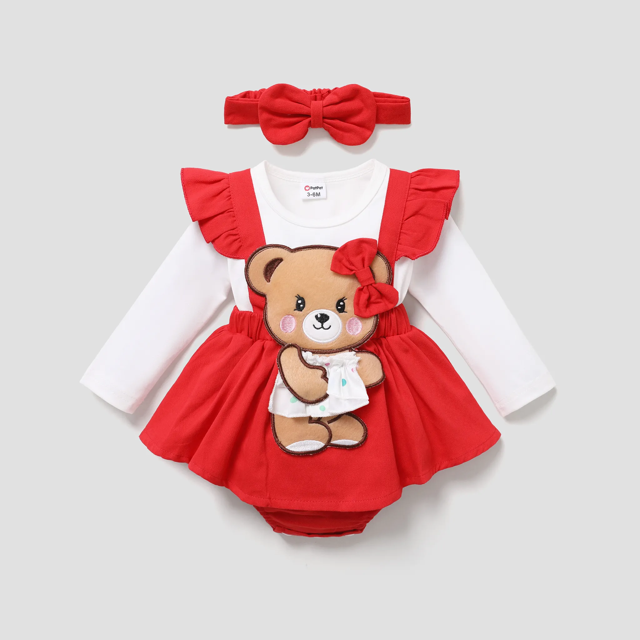 2pcs Baby Girl 100% Cotton Bear Graphic Ruffle Trim Long-sleeve Faux-two Romper & Headband Set