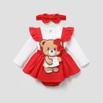 2pcs Baby Girl 100% Cotton Bear Graphic Ruffle Trim Long-sleeve Faux-two Romper & Headband Set Red