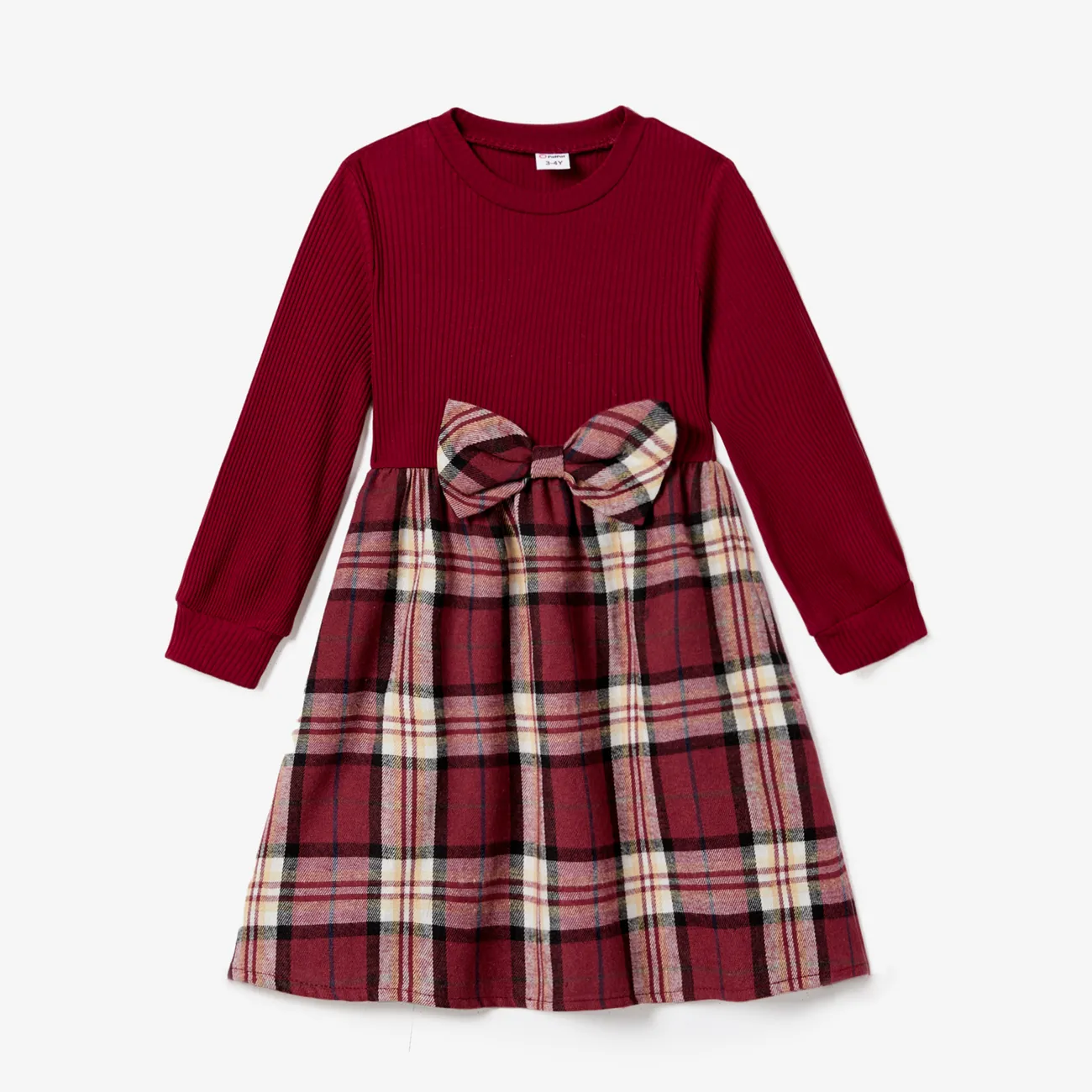 Family Matching Casual Long-sleeve Plaid Splicing Belted Dresses and Shirts Sets WineRed big image 1