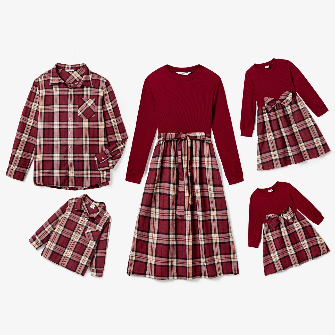 Family Matching Casual Long-sleeve Plaid Splicing Belted Dresses and Shirts Sets WineRed big image 1