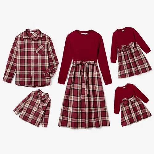 Family Matching Casual Long-sleeve Plaid Splicing Belted Dresses and Shirts Sets