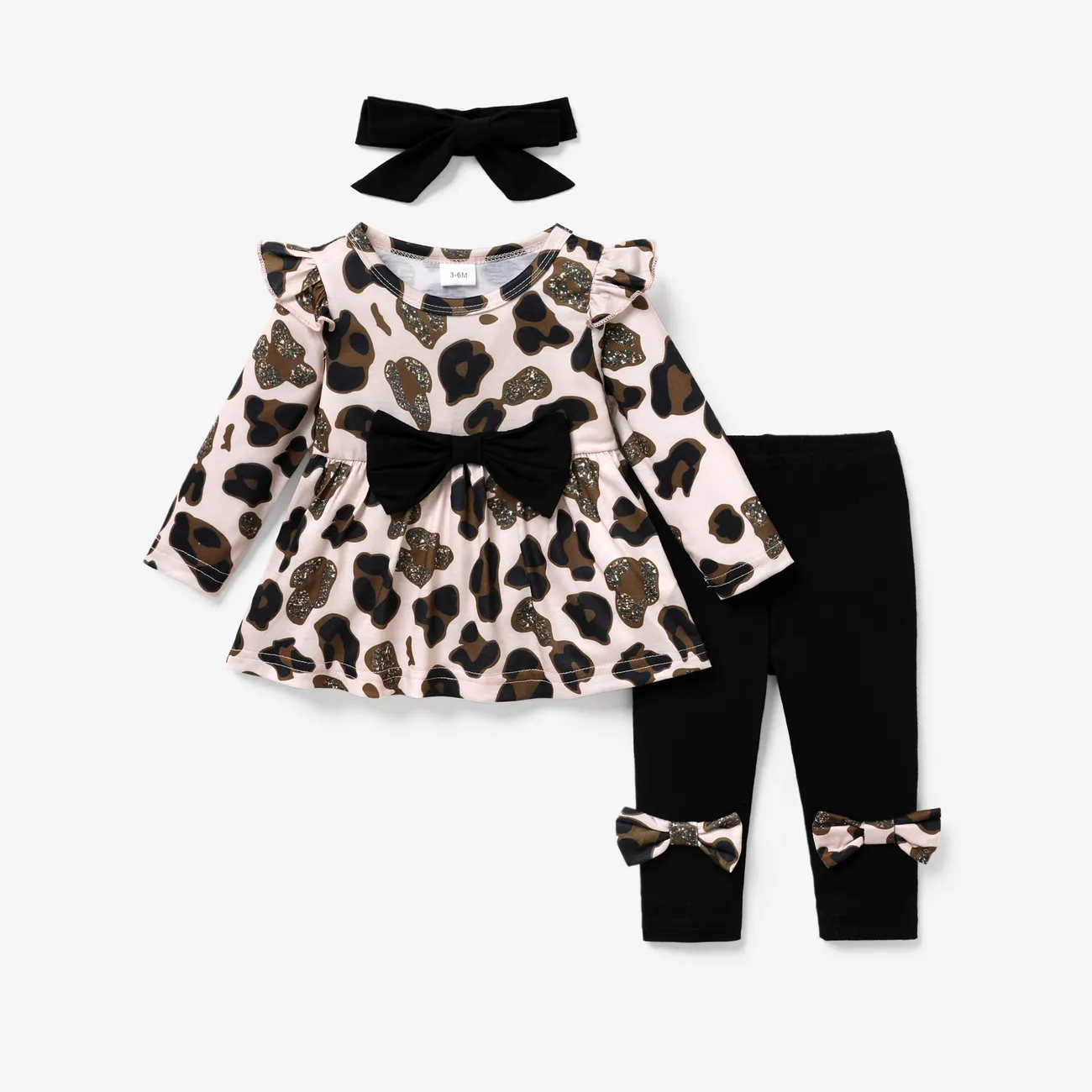 3件 嬰兒 女 荷葉邊 豹紋 甜美 長袖 嬰兒套裝 杏色 big image 1