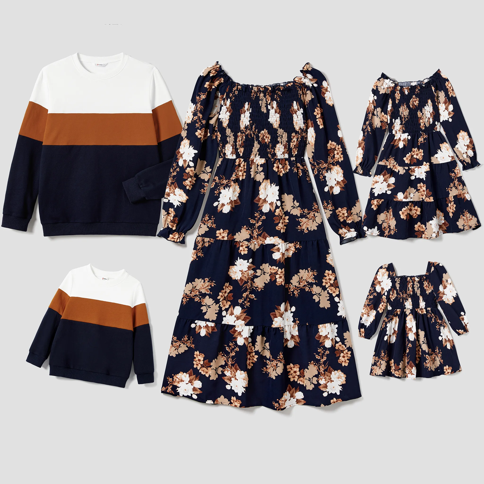 Family Matching Long-sleeve Color-block Tops and Floral Print Dresses Sets Deep Blue image 2