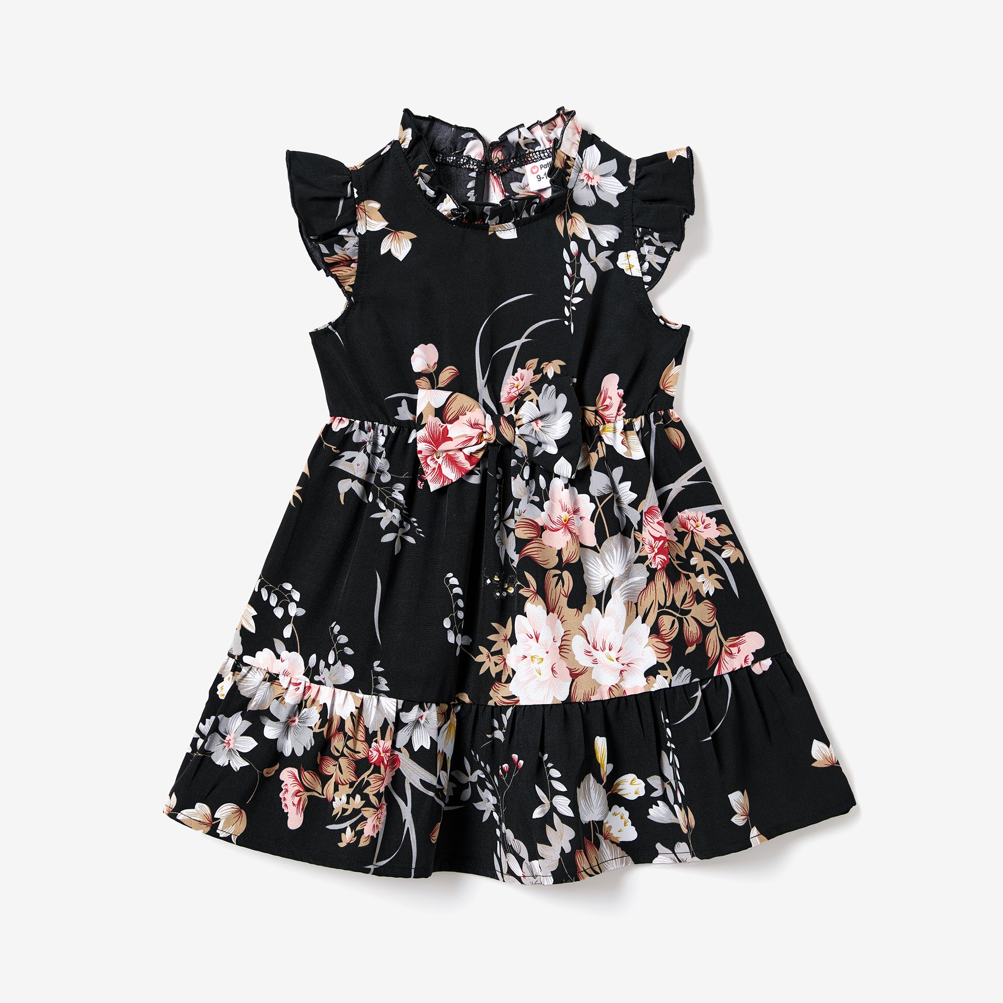 Family Matching Solid Color Black Raglan Sleeve T-shirts And Floral Print Flutter-sleeve Bowknot Tie Neck Dresses Sets