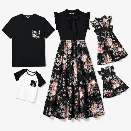 Family Matching Solid Color Black Raglan Sleeve T-shirts and Floral Print Flutter-sleeve Bowknot Tie Neck Dresses Sets