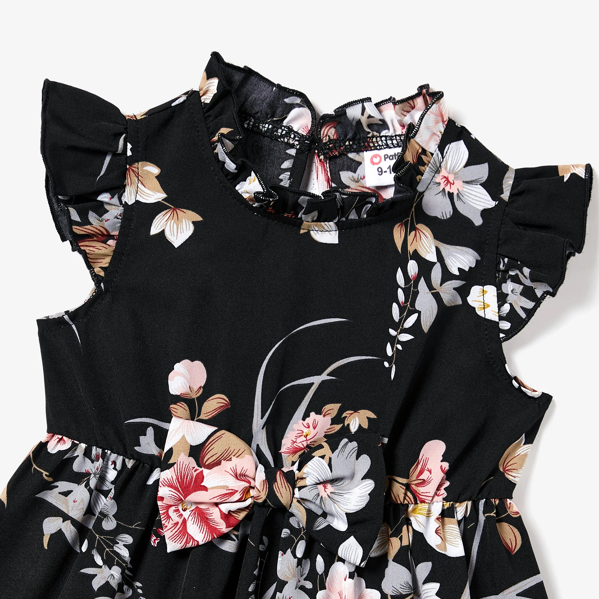 Family Matching Solid Color Black Raglan Sleeve T-shirts and Floral Print Flutter-sleeve Bowknot Tie Neck Dresses Sets Black image 3