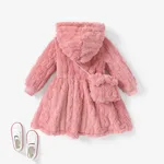 2pcs Toddler Girl Solid color Fuzzy Zipper Hooded Dress Set with Cute Bag Pink image 2