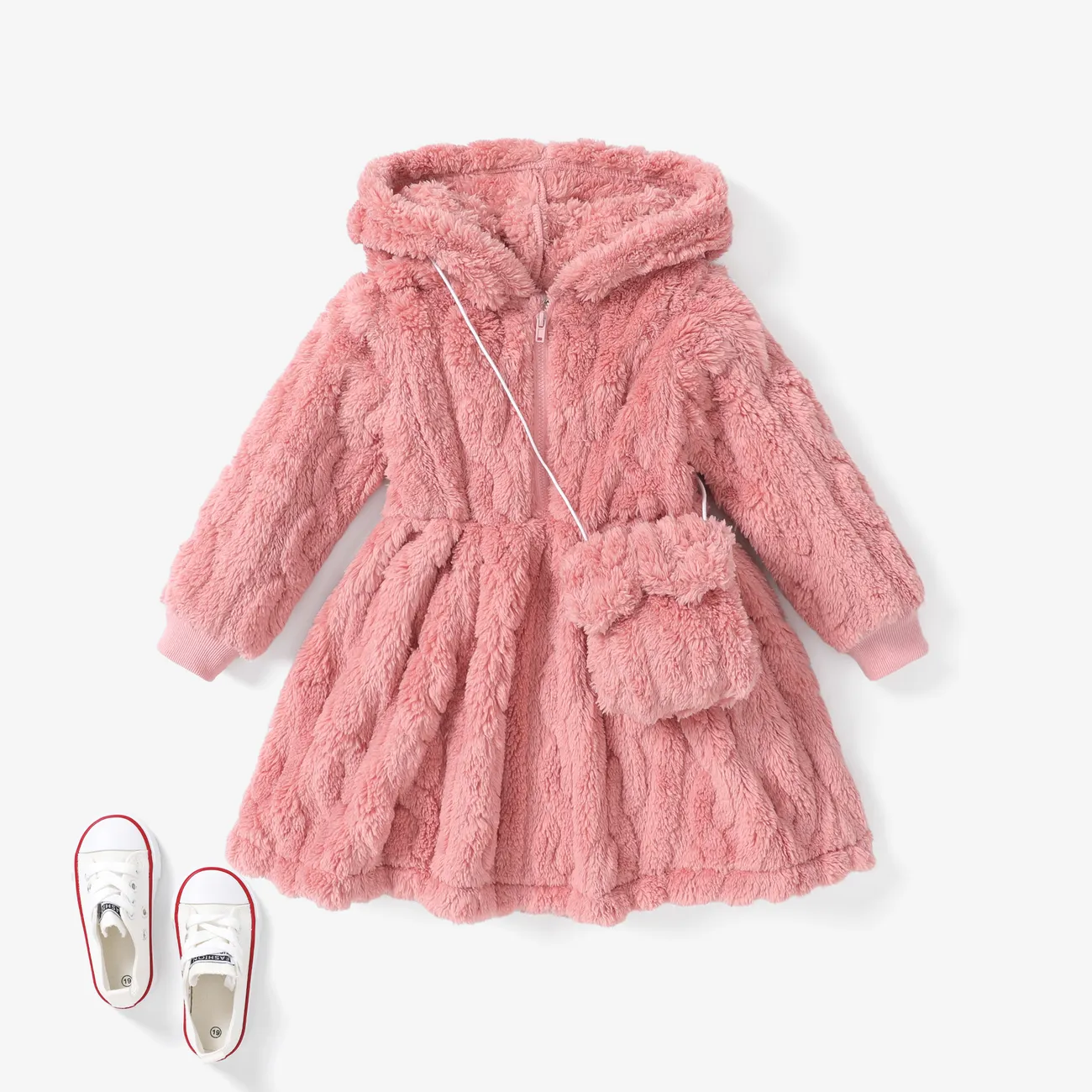 2pcs Toddler Girl Solid color Fuzzy Zipper Hooded Dress Set with Cute Bag  big image 1