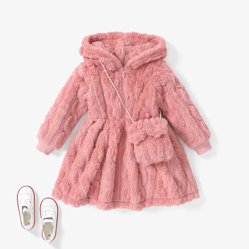 2pcs Toddler Girl Solid color Fuzzy Zipper Hooded Dress Set with Cute Bag