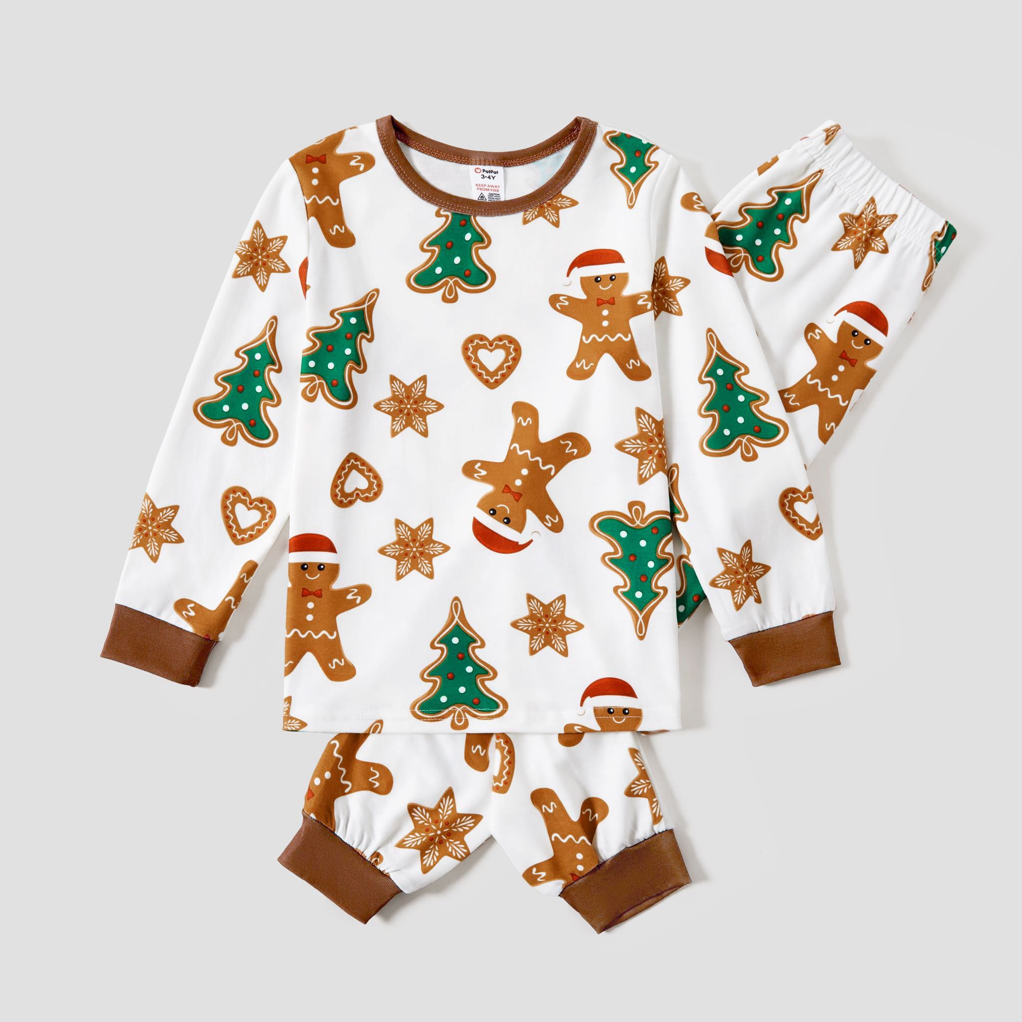 Christmas Family Matching Cartoon Gingerbread Man And Tree All-over Print Long-sleeve Pajamas Sets(Flame Resistant)